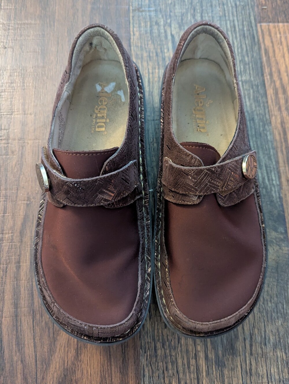 ALEGRIA Wine Gold Leather Dream Fit DEN-589 Shoes Clogs DENA Sz. 38EU